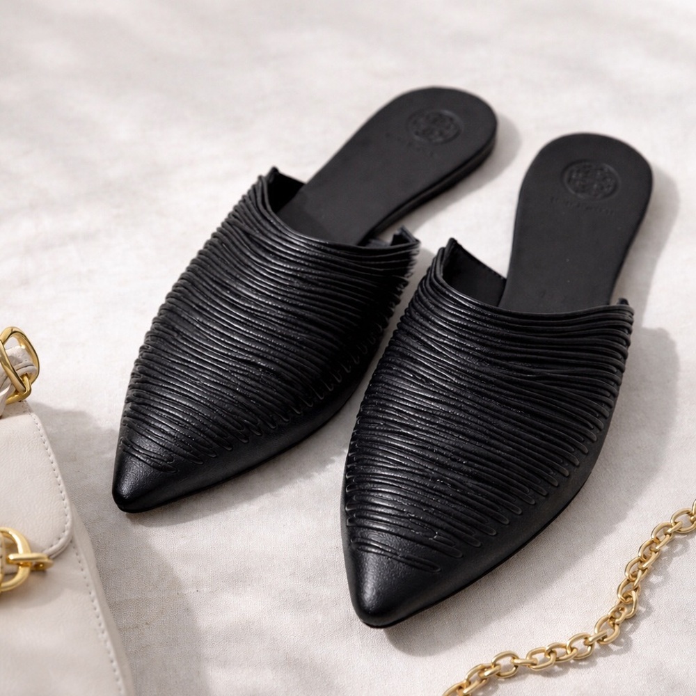 Tory Burch Navy Pointed Ribbed Leather Mules